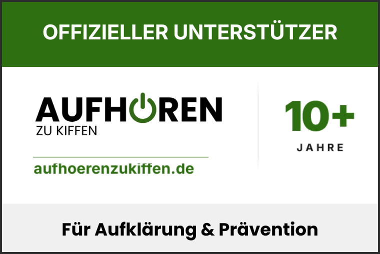 Siegel: Offizieller Unterstützer von aufhoerenzukiffen.de, für Aufklärung und Prävention
